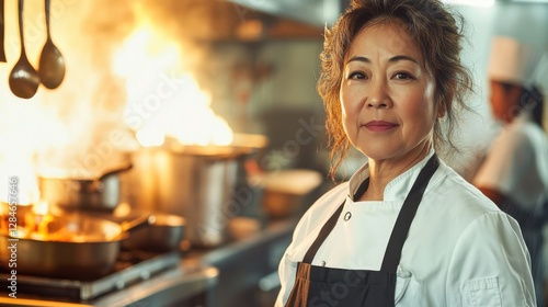 A middle-aged female chef of Asian descent stands confidently in a bustling kitchen, showcasing her culinary expertise amidst the vibrant activity and flames.