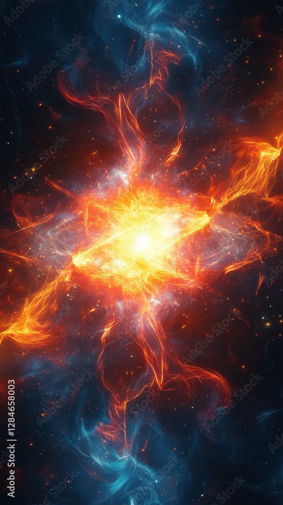 Vivid cosmic explosion illuminating the depths of space with fiery colors and swirling gases in a breathtaking celestial display Vivid cosmic explosion illuminating the depths of space with fiery colors and swirling gases in a breathtaking celestial display