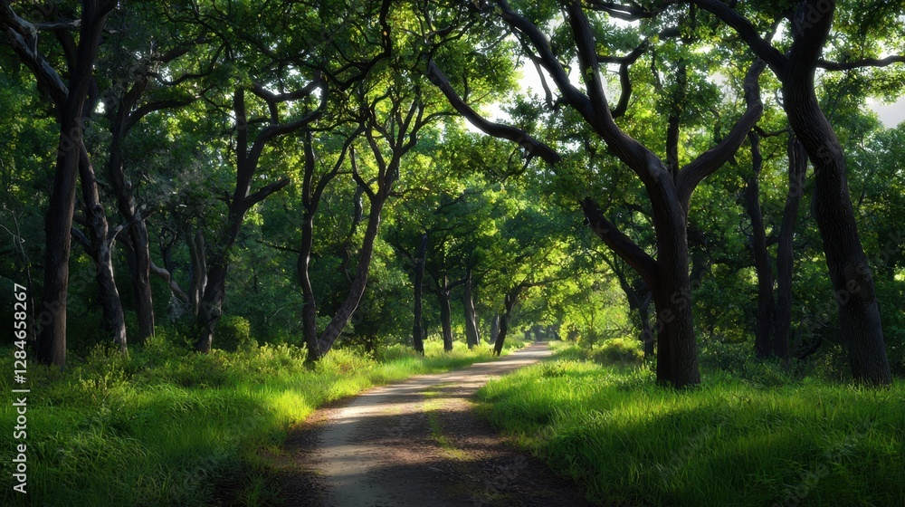 A path through a forest with trees on either side