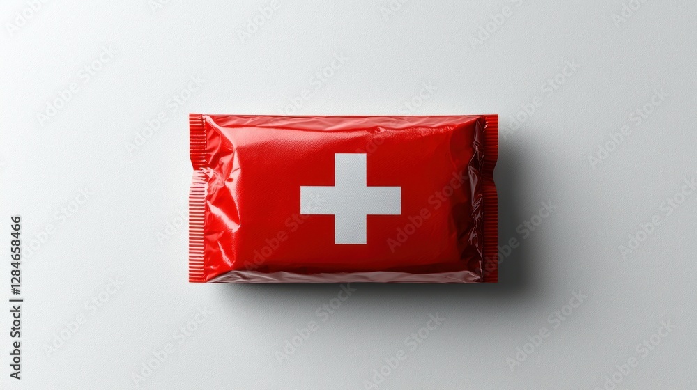 Red first aid wipes package on white background
