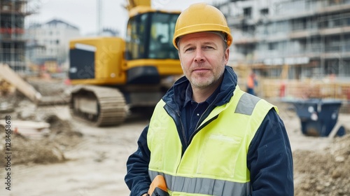 A middle-aged European man in safety gear stands confidently at a busy construction site, showcasing the essential role of workers in the building industry.