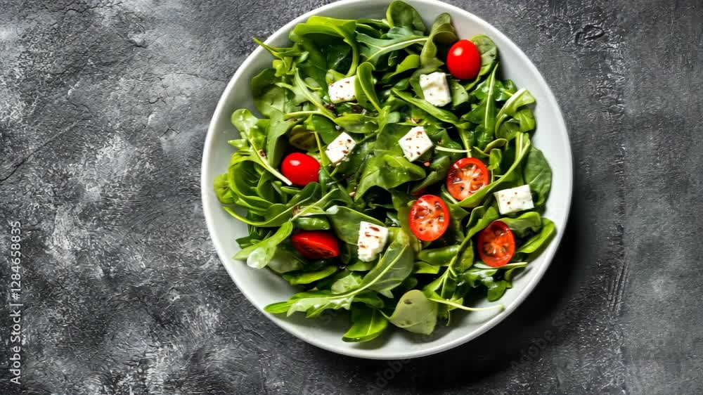 Fresh salad with arugula, cherry tomatoes, and feta served in a white bowl on a dark textured background Fresh salad with arugula, cherry tomatoes, and feta served in a white bowl on a dark textured background