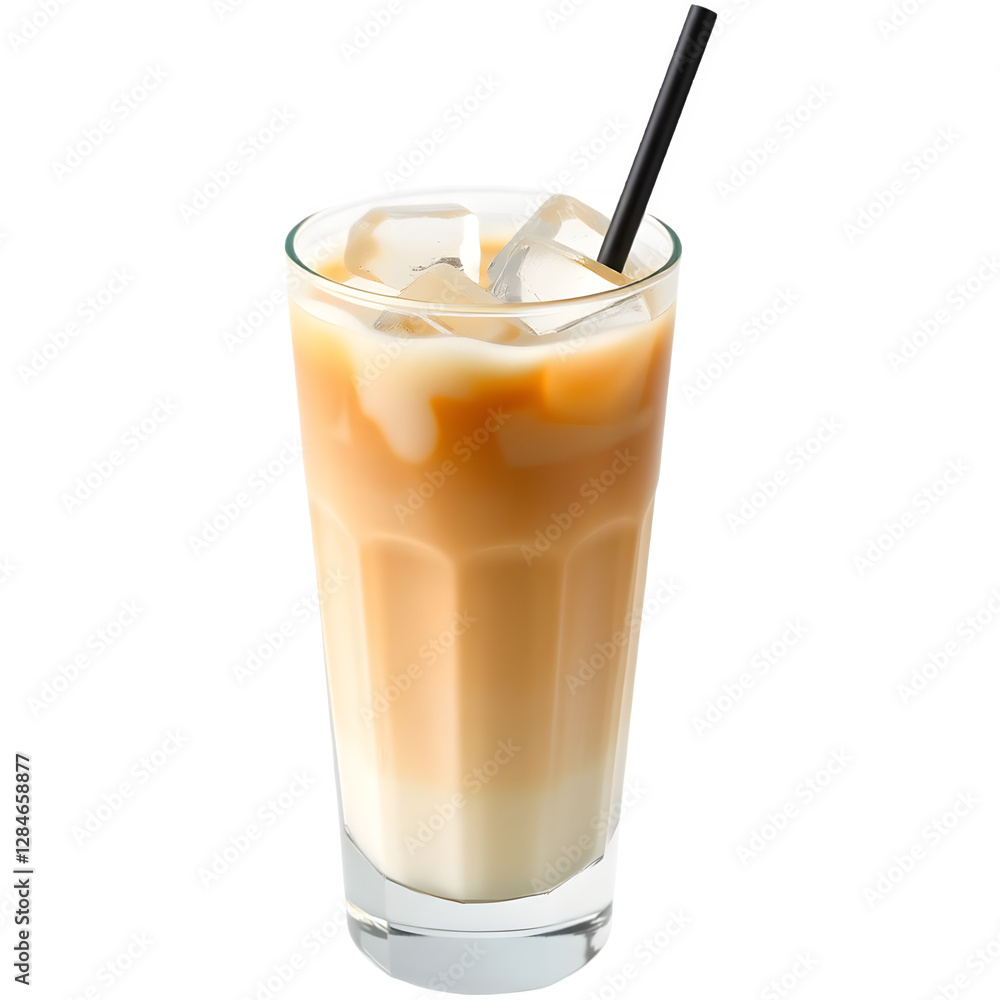 A refreshing iced coffee drink served in a tall glass with ice cubes and a black straw.