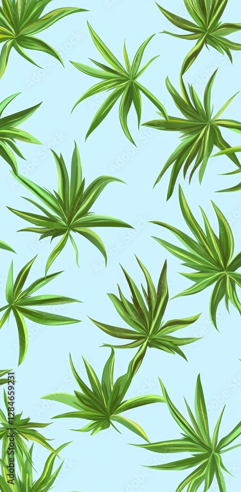Lush Green Palm Leaves Arranged in a Seamless Pattern on a Light Blue Background in a Decorative Design Perfect for Textiles and Wallpapers Lush Green Palm Leaves Arranged in a Seamless Pattern on a Light Blue Background in a Decorative Design Perfect for Textiles and Wallpapers