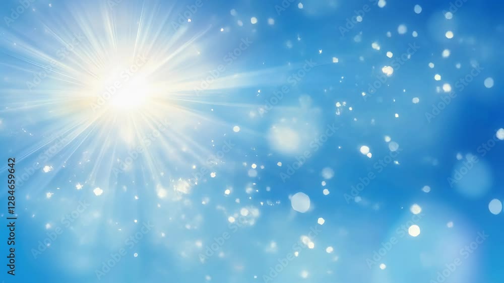 Bright sunburst with lens flare effect on vivid blue sky background. Shining sun rays with bokeh lights and sparkles. Natural celestial phenomenon. Abstract summer day concept with copy space Bright sunburst with lens flare effect on vivid blue sky background. Shining sun rays with bokeh lights and sparkles. Natural celestial phenomenon. Abstract summer day concept with copy space
