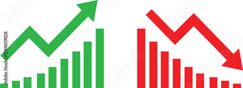business graph with red arrow Graph going Up and Down sign with green and red arrows vector. Flat design vector illustration concept of sales bar chart symbol icon with arrow moving down and sales bar