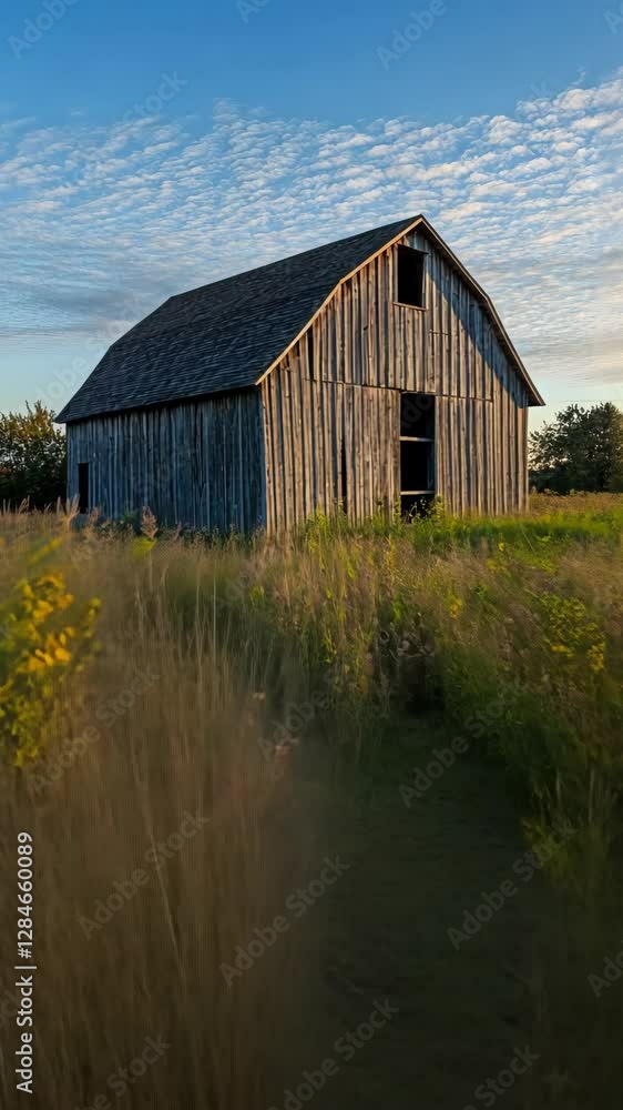 Old wooden barn surrounded by tall grass and wildflowers during golden hour in a rural landscape Old wooden barn surrounded by tall grass and wildflowers during golden hour in a rural landscape
