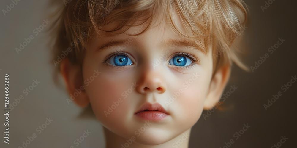 Captivating expression of a young child with striking blue eyes and tousled hair in a soft-toned setting Captivating expression of a young child with striking blue eyes and tousled hair in a soft-toned setting