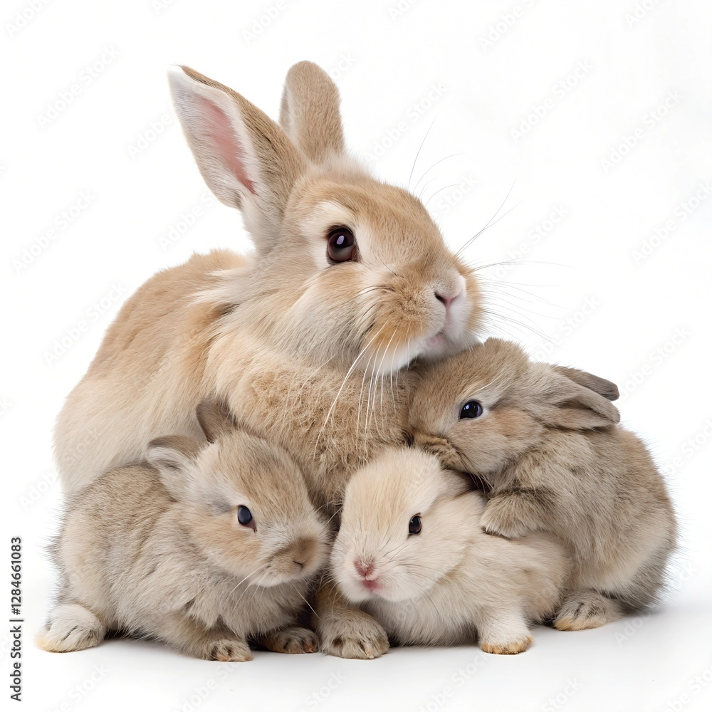 Obraz premium A mother rabbit cuddling with her three adorable baby bunnies.