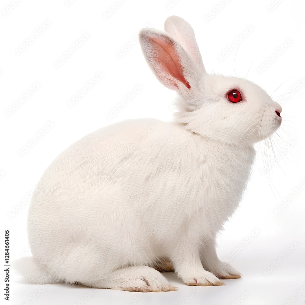A white rabbit with red eyes sits against a clean white background. A white rabbit with red eyes sits against a clean white background.