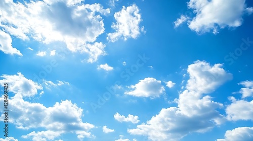 Bright blue sky filled with fluffy white clouds creating an uplifting and serene outdoor atmosphere : Generative AI