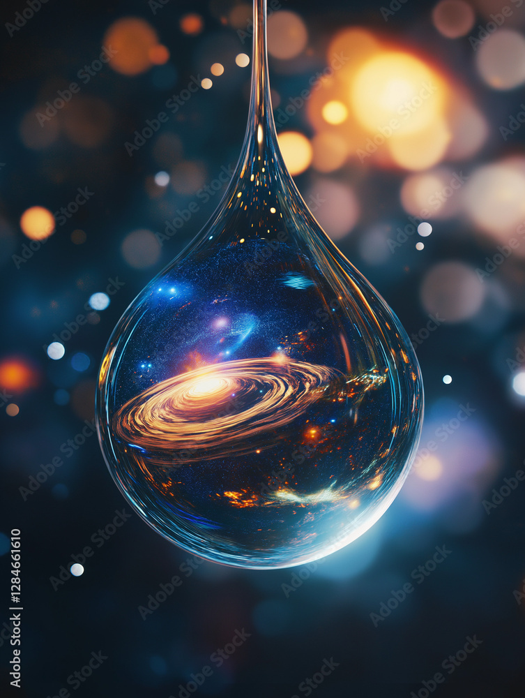 Close-up of a crystal-clear water droplet suspended in midair, reflecting a miniature cosmic scene with planets, nebula, and galaxies, in hyperrealistic 8K detail Generative AI Close-up of a crystal-clear water droplet suspended in midair, reflecting a miniature cosmic scene with planets, nebula, and galaxies, in hyperrealistic 8K detail Generative AI