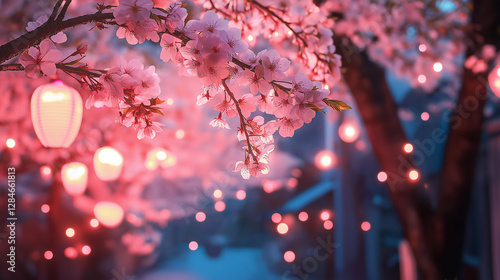 Pink cherry blossom flowers blooming on branch at dusk with hanging lanterns