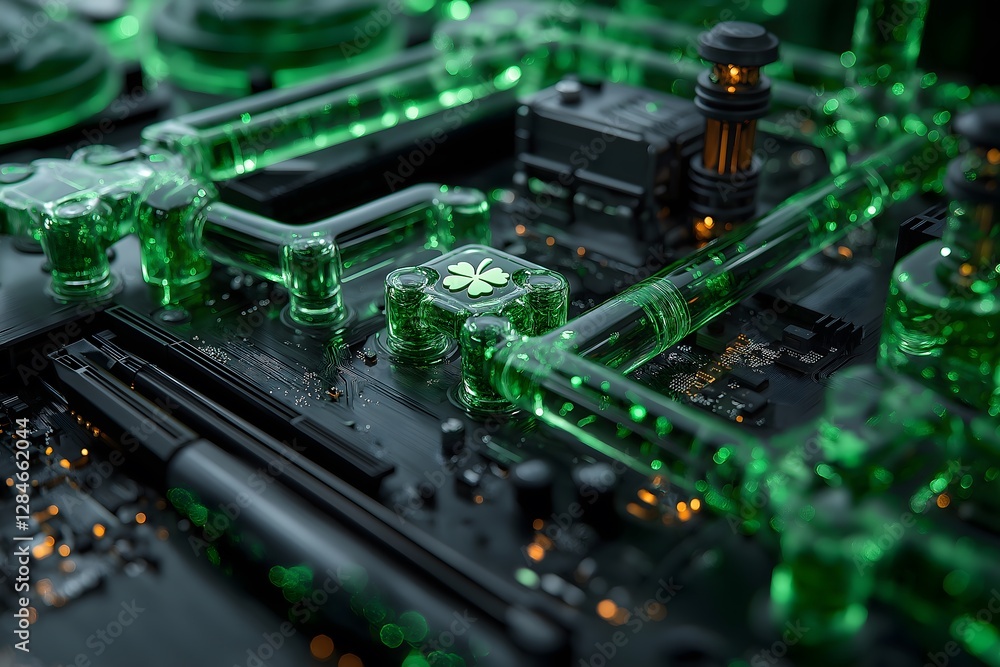 Futuristic gaming pc with green liquid cooling and shamrock for st. Patrick's day Futuristic gaming pc with green liquid cooling and shamrock for st. Patrick's day