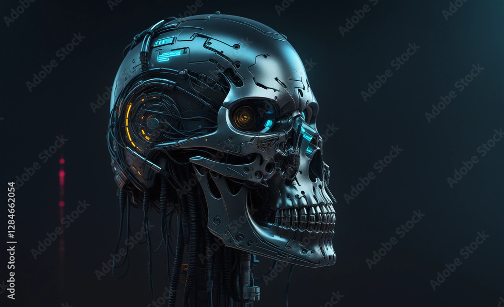 Close-Up of a Futuristic Cybernetic Skull with Glowing Eyes and Complex Wiring,cyberpunk skull Close-Up of a Futuristic Cybernetic Skull with Glowing Eyes and Complex Wiring,cyberpunk skull