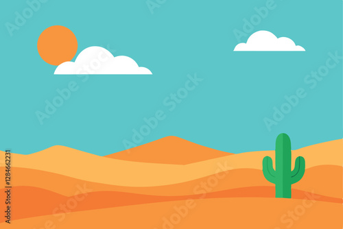 Breathtaking Desert Scene. Sand Dunes and a Lone Cactus Under the Sun
