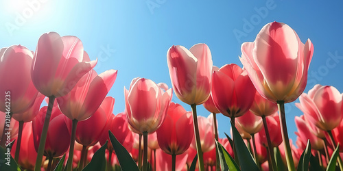 Pink and white tulips blooming under a bright blue sky
