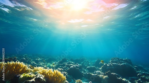 Breathtaking underwater seascape featuring vibrant coral reef illuminated by sun rays creating an aquatic paradise : Generative AI photo