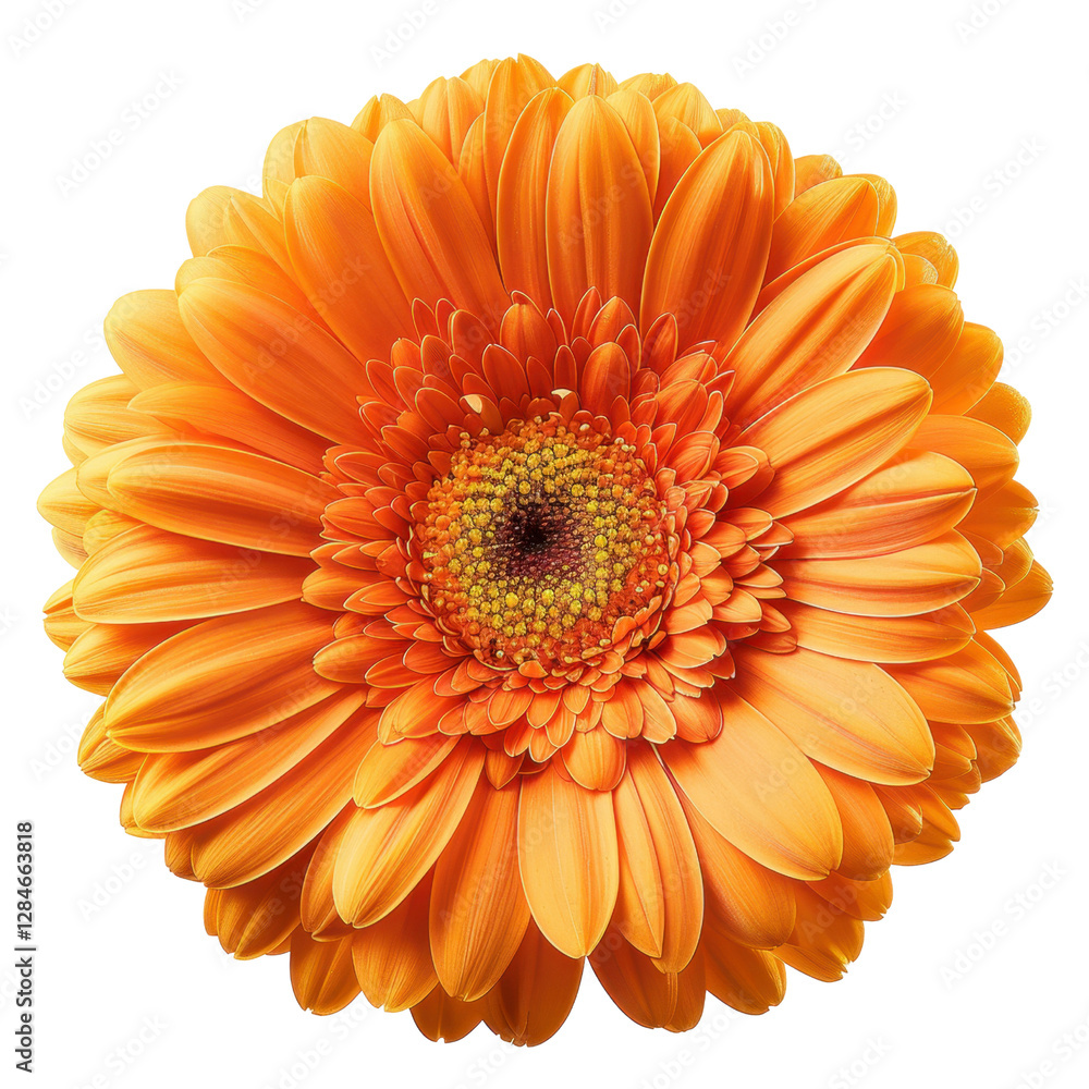 vibrant orange flower with layered petals and detailed center, symbolizing beauty and freshness. Perfect for floral arrangements and nature themed designs