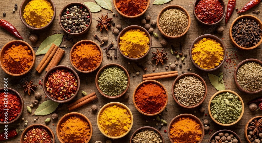 Variety of Colorful Spices and Herbs in Bowls on Rustic Wood Table Variety of Colorful Spices and Herbs in Bowls on Rustic Wood Table