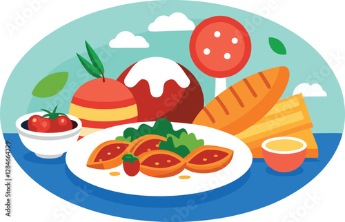 Italian Cuisine Icons. Meat Meals, Snacks, and Set Lunches on a Plate