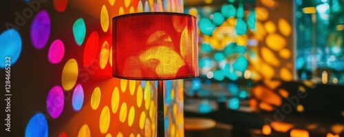 Colorful dots on wall next to red lampshade in modern lounge