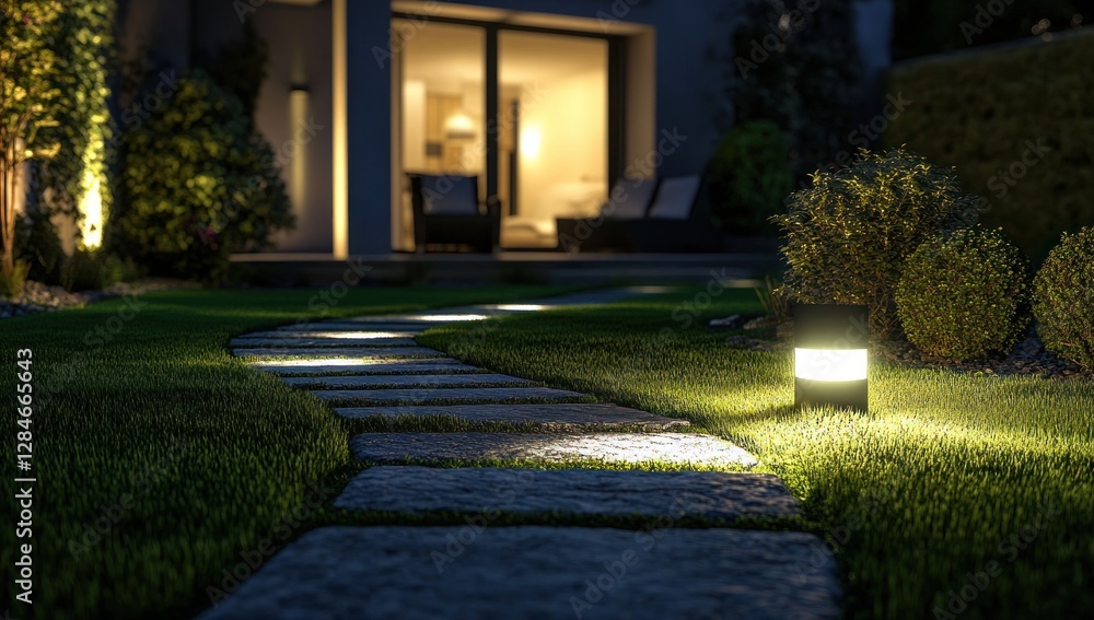 Fototapeta premium Illuminated Pathway: Nighttime Garden Scene