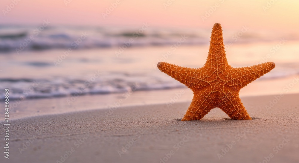 Starfish on Sandy Beach at Sunset with Gentle Waves on Shore Starfish on Sandy Beach at Sunset with Gentle Waves on Shore