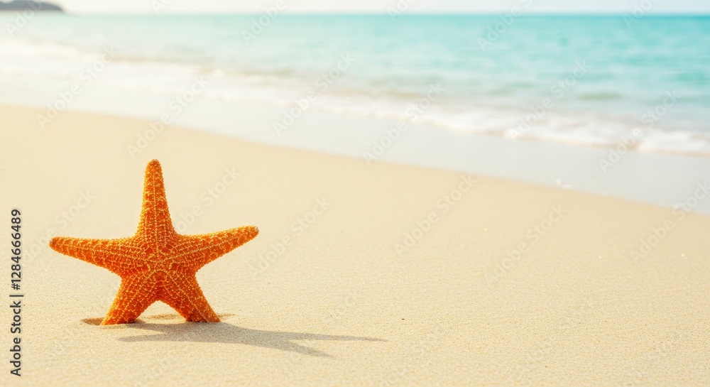 Orange Starfish on Sandy Beach by Ocean Shoreline on Sunny Day Orange Starfish on Sandy Beach by Ocean Shoreline on Sunny Day