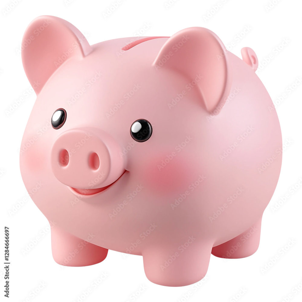 A charming and whimsical pink piggy bank designed in a cartoonish 3D style, showcasing a playful, smiling face and a coin slot on top, ideal for saving spare change. A charming and whimsical pink piggy bank designed in a cartoonish 3D style, showcasing a playful, smiling face and a coin slot on top, ideal for saving spare change.