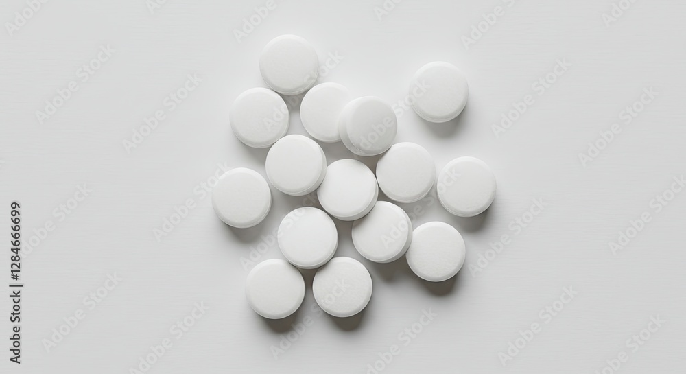 Scattered White Pills on a White Background for Healthcare Concepts Scattered White Pills on a White Background for Healthcare Concepts