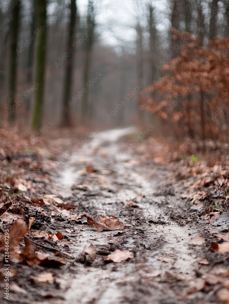 A muddy forest trail surrounded by trees showcasing the beauty of nature in an autumn setting : Generative AI A muddy forest trail surrounded by trees showcasing the beauty of nature in an autumn setting : Generative AI