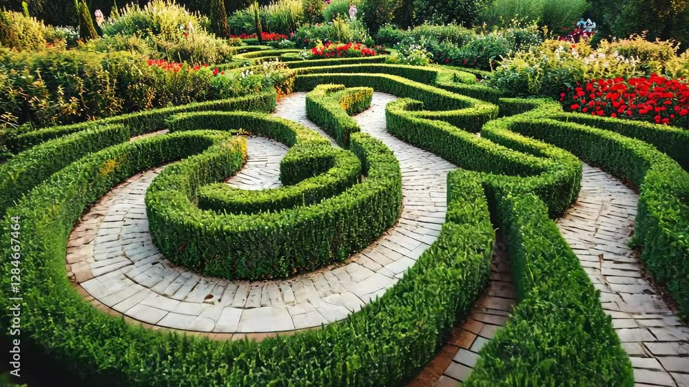 Lush garden maze with green hedges and vibrant flowers inviting exploration on a sunny day Lush garden maze with green hedges and vibrant flowers inviting exploration on a sunny day