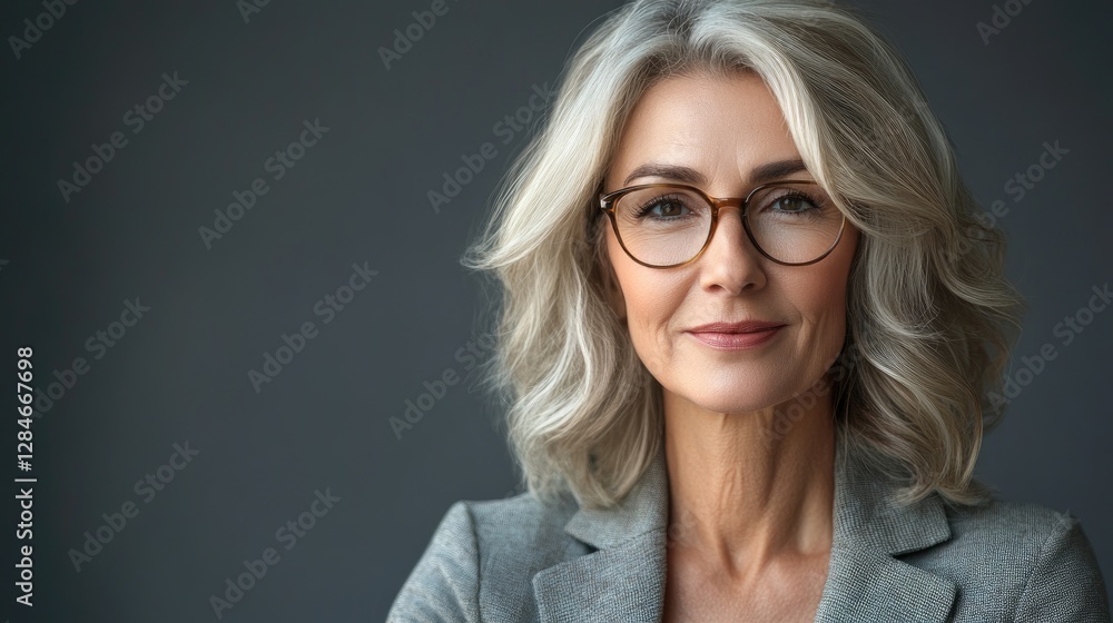 Confident mature woman wearing glasses and smiling, showcasing wisdom and experience. Confident mature woman wearing glasses and smiling, showcasing wisdom and experience.