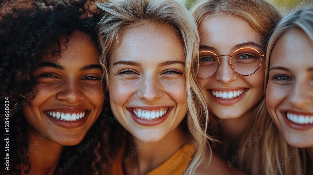 Four diverse women smiling together, showcasing friendship and joy in a sunny outdoor setting. Four diverse women smiling together, showcasing friendship and joy in a sunny outdoor setting.