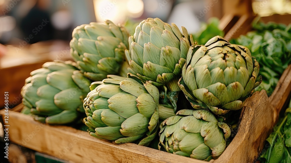 Obraz premium Fresh artichokes stacked in a wooden crate, perfect for vibrant culinary visuals.