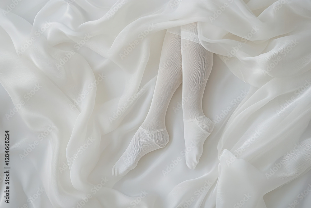 Elegant white silk fabric draped gracefully around legs wearing sheer white stockings, creating a soft and ethereal atmosphere. Elegant white silk fabric draped gracefully around legs wearing sheer white stockings, creating a soft and ethereal atmosphere.