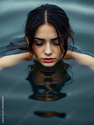 mental health, portrait of sad calm woman floating in water, apathy photo