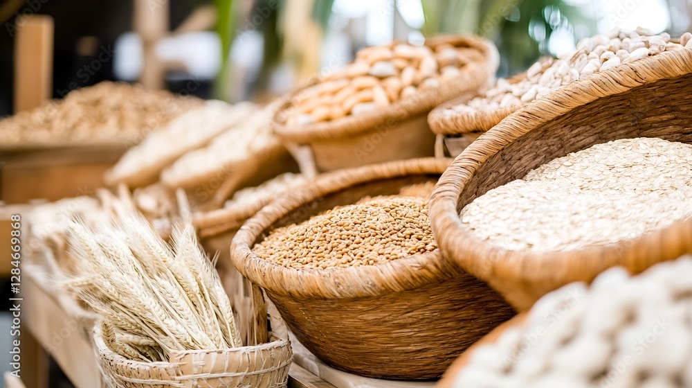 Obraz premium Rich assortment of grains and cereals displayed in woven baskets showcasing organic produce : Generative AI