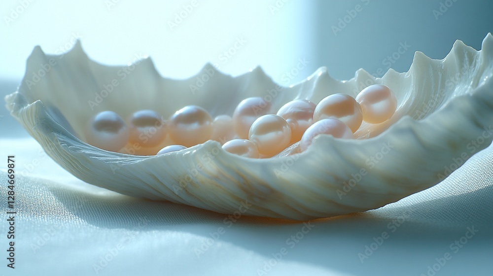Pearls in Shell, Sunlight, Soft Fabric Background Pearls in Shell, Sunlight, Soft Fabric Background
