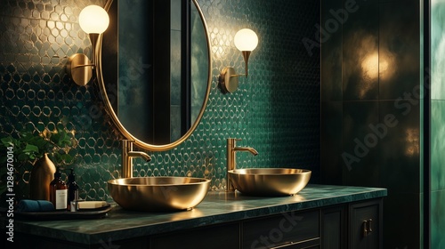 Art Deco-inspired bathroom with vintage mirrors, dark green and gold accents, stylish geometric tiles, soft moody lighting