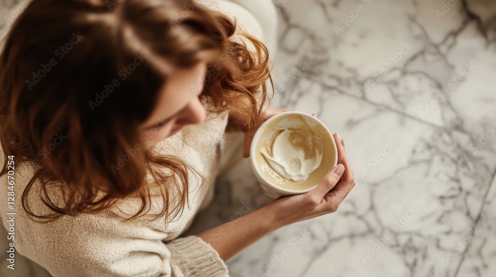 Hair loss displayed in a person applying a nourishing hair mask in a clean bathroom. Featuring restoration and rejuvenation