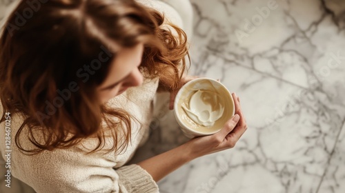 Obraz na płótnie Hair loss displayed in a person applying a nourishing hair mask in a clean bathroom. Featuring restoration and rejuvenation w salonie