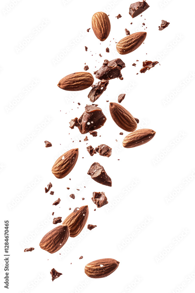 Isolated Blend of Almonds and Chocolate in Motion, Suggesting a Sweet Culinary Delight Isolated Blend of Almonds and Chocolate in Motion, Suggesting a Sweet Culinary Delight
