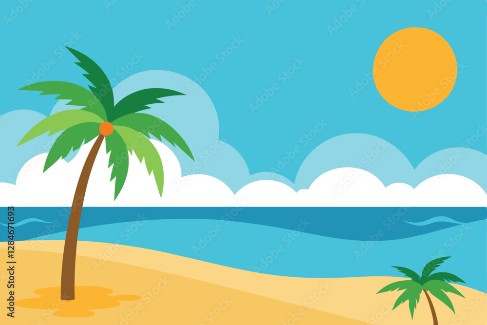 Breathtaking View of a Sunny Beach with Palm Trees and Soft Waves