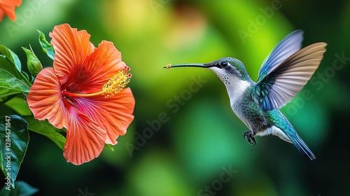 Hummingbird feeding on hibiscus flower in a lush garden