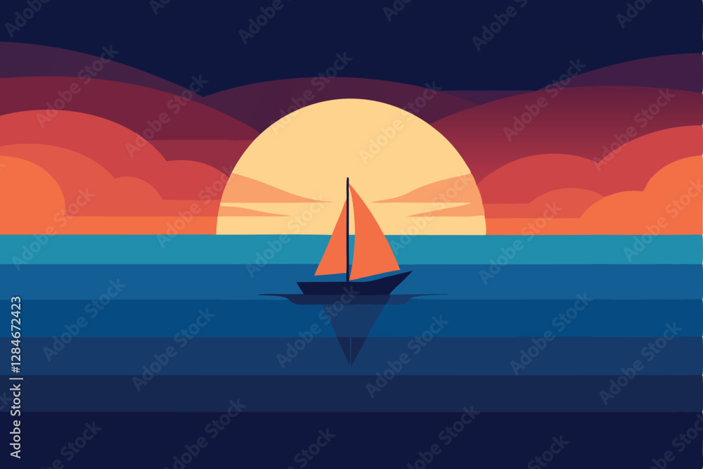 Naklejka premium Calm Sea and Stunning Sunset with Sailboat Silhouette