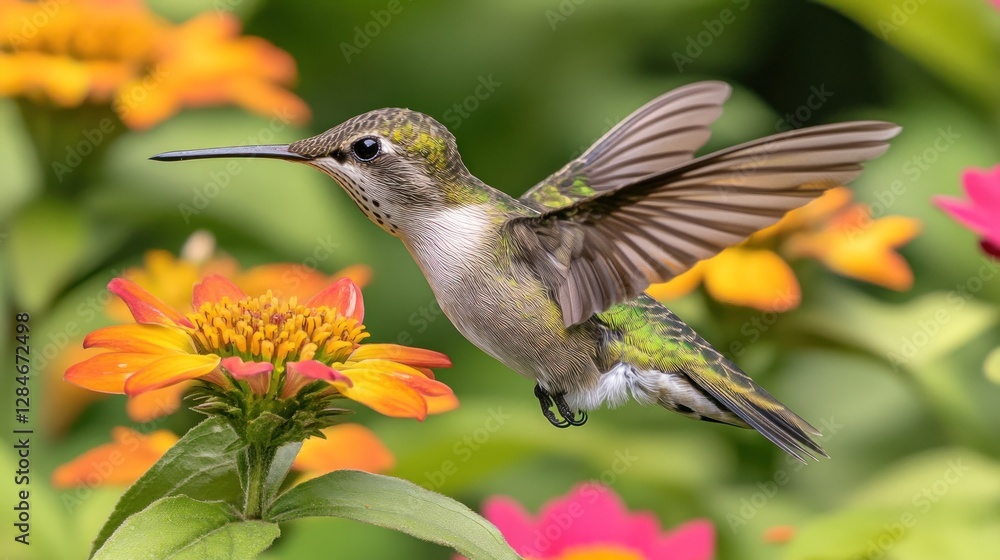 Fototapeta premium Hummingbird hovering, garden flowers, nature, wildlife, photography