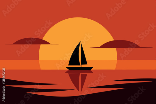 Calm Sea and Stunning Sunset with Sailboat Silhouette