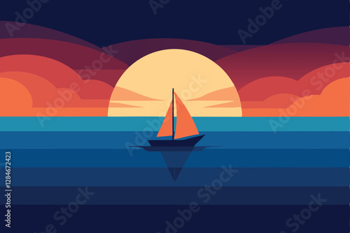 Calm Sea and Stunning Sunset with Sailboat Silhouette
